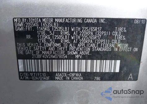 2010 Toyota Rav4 из США, поврежденный, VIN 2T3BF4DV2AW078054